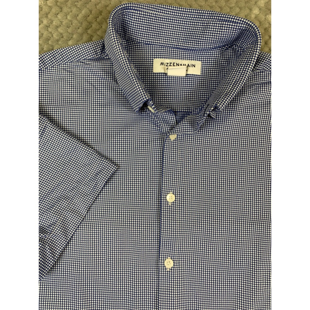 Mizzen+Main Performance Shirt Mens L Blue Gingham Short Sleeve Trim Fit
